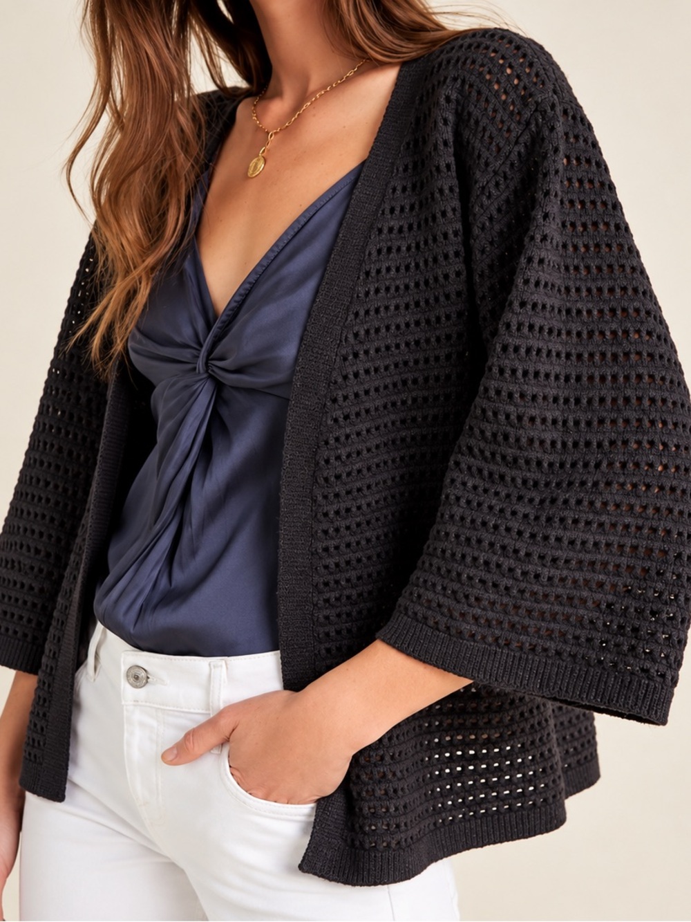 Anthropologie Akemi + Kin Charcoal Gray Chunky Kimono Cardigan Open Knit OS